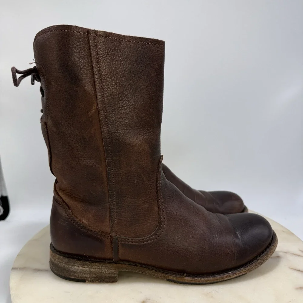 Vintage Shoe Company Leather Back Lace Brown Mid Calf Moto Boots USA Made 6.5M
